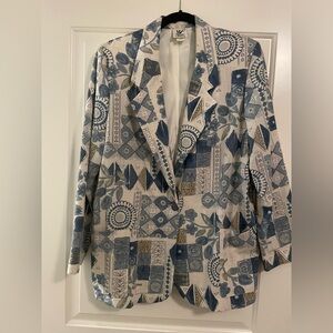 Gorgeous Vintage Single Button Linen Blend Blazer Blue And Cream Beige Size L